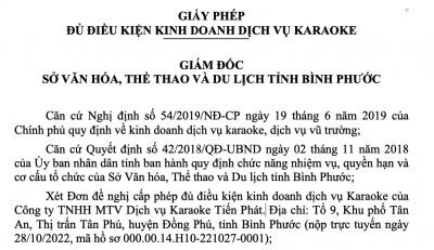 Giấy phép đủ điều kiện kinh doanh dịch vụ Karaoke - Tiến Phát