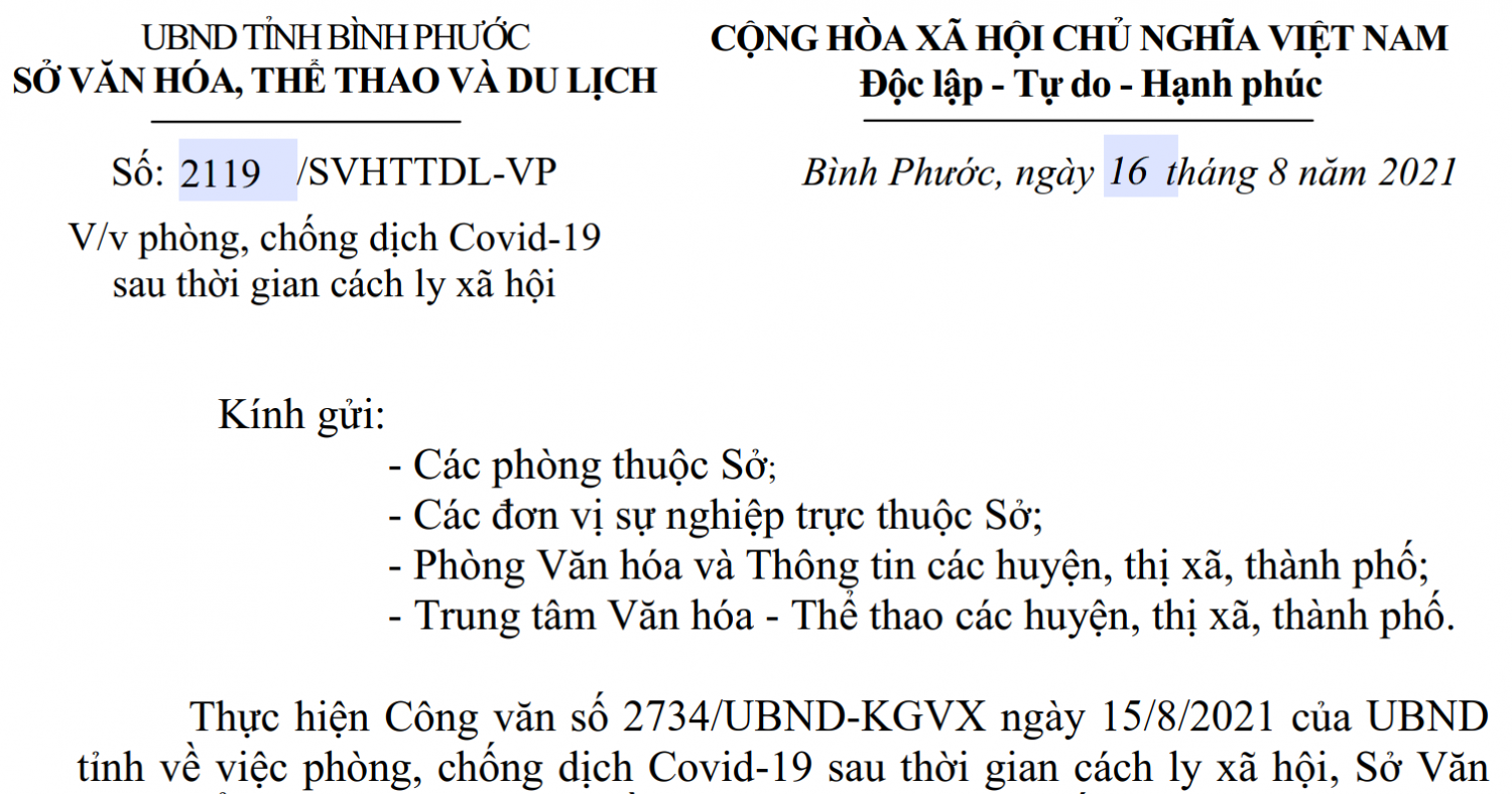 Công văn về việc phòng, chống dịch Covid-19 sau thời gian cách ly xã hội